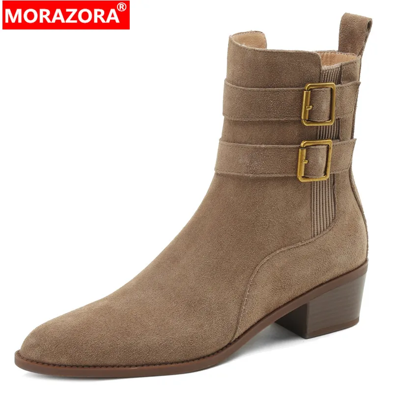 

MORAZORA 2024 New Cow Suede Leather Ankle Boots Women Square Med Heels Shoes Fashion Ladies Buckle Winter Boots