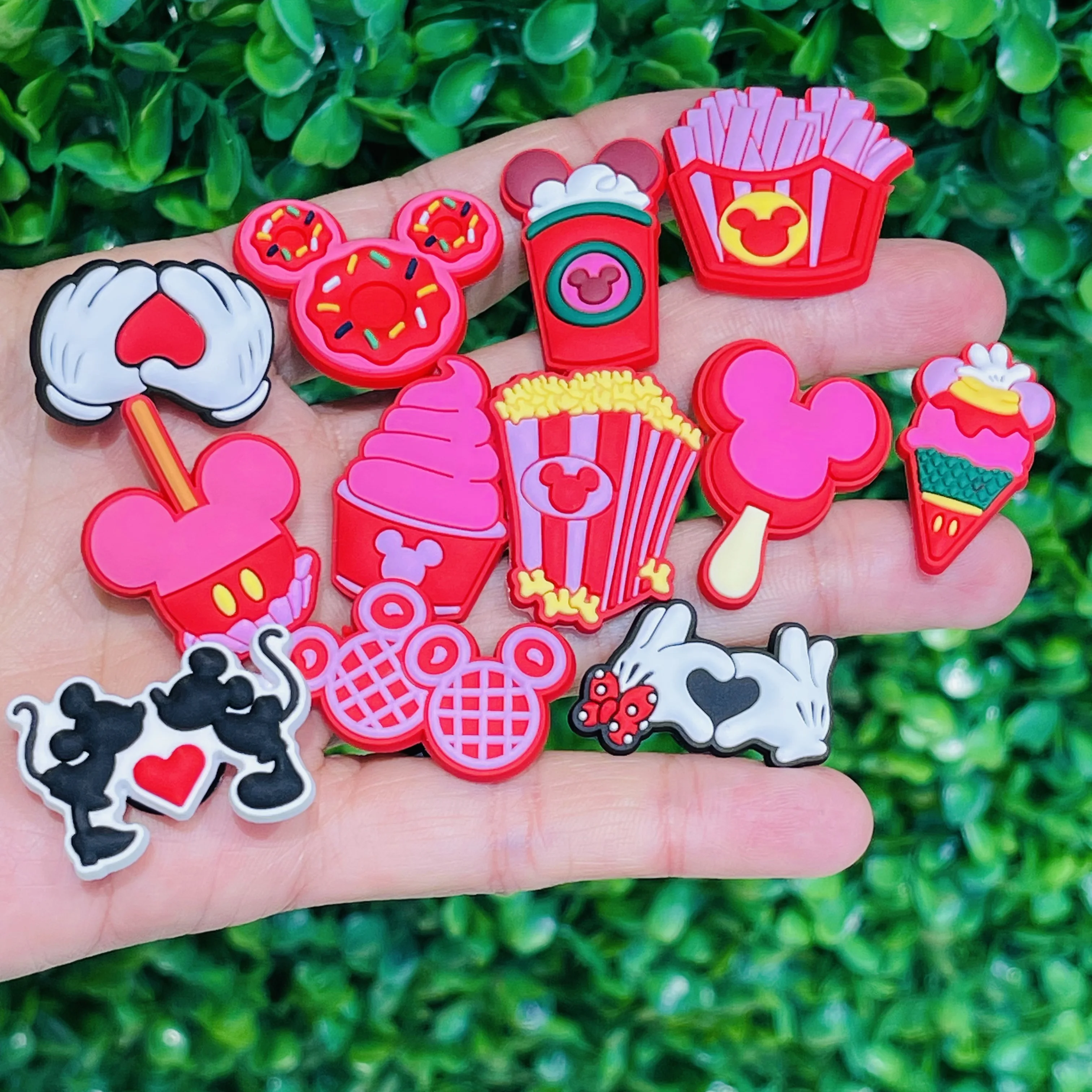12szt Miniso Disney Mickey Ice Cream Drink Popcorn Donut Cake Chips PVC Shoe Charms Sandal Shoes Decoration Valentine's Day Gift