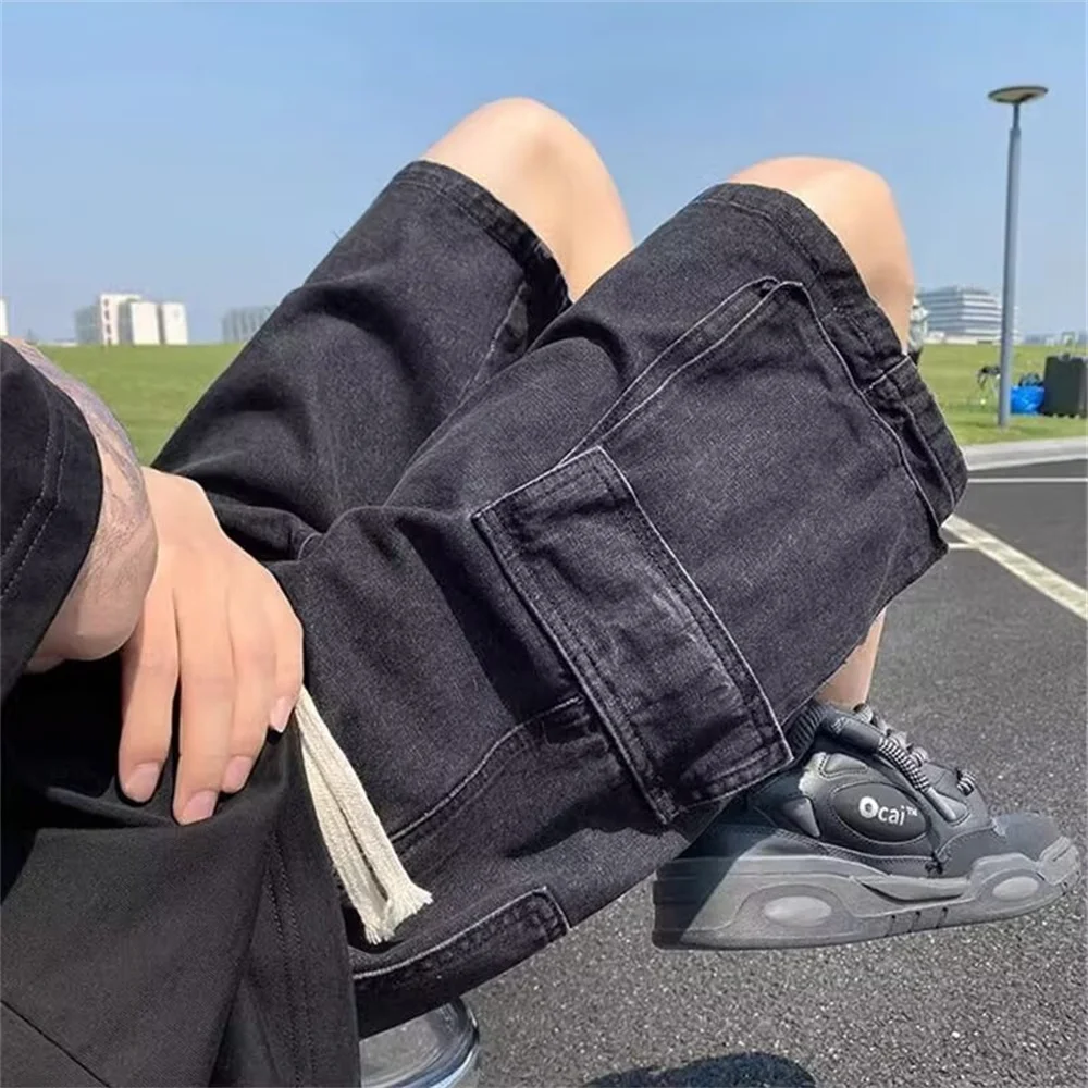 Women's Light Blue Denim Shorts Loose Wide Leg Casual Jean Shorts Multi Pocket High Waist Summer Street Fashion Knee Length Pant