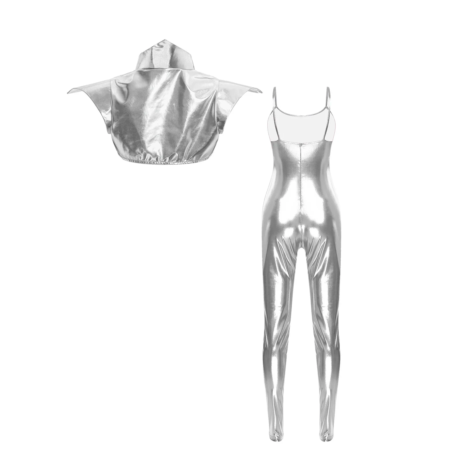 Women Metallic Shiny Clubwear Fly Sleeve Stand Collar Gothic Pauldron Shoulder Armor And Bodycon Sling Jumpsuit Halloween Outfit