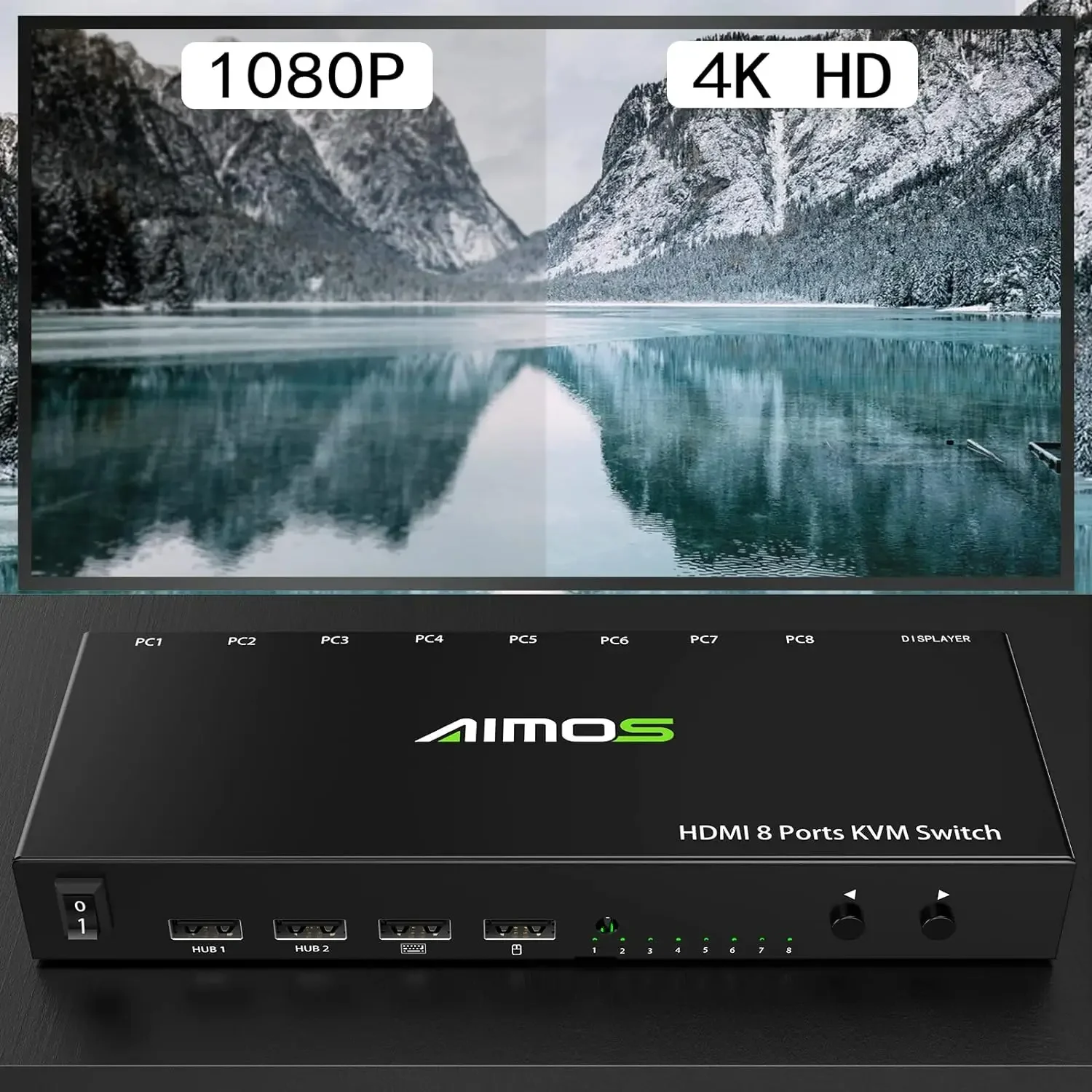 AIMOS HDMI KVM Switch 8 In 1 Out Switch Share Monitor Mouse Keyboard HDMI Switcher 4K to 30Hz for Laptop, PC, PS4