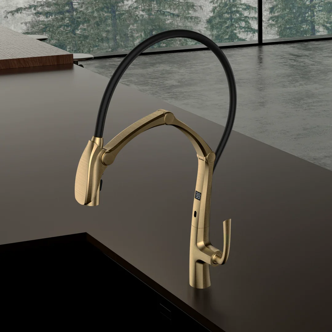 

Brushed Gold Digital Display Kitchen Faucet Black Artistic Kitchen Tap Hot Cold Brass Rotation Decked Mounted Sink Faucet Mixer