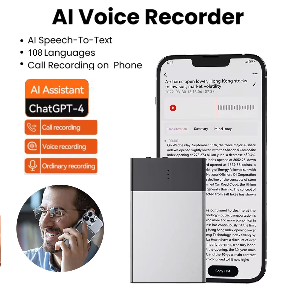 

New 128GB AI ChatGPT-4 Intelligent Voice Recorder Audio App Phone Call Record Transcribe Summarize 108LanguageTranslation Device