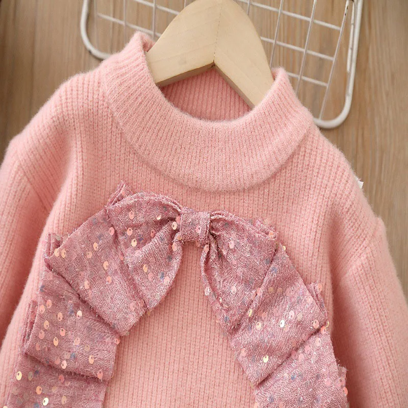 Autumn Kids Sweater Set Sweet Sequin Bow Girls Pullover + Tutu Skirt Korean Version Children Knitted Outfit  2-6T