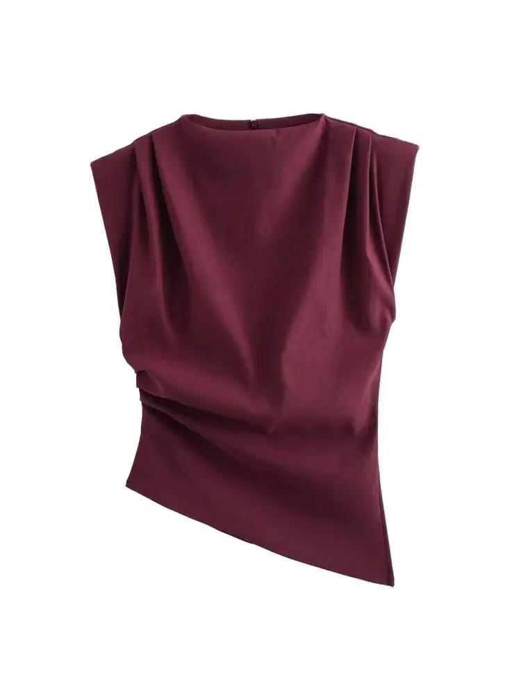 TRZA-Women\'s Asymmetric Blouses with Shoulder Pads, Sleeveless, Back Zipper, Female Shirts, Chic Tops, Fashion