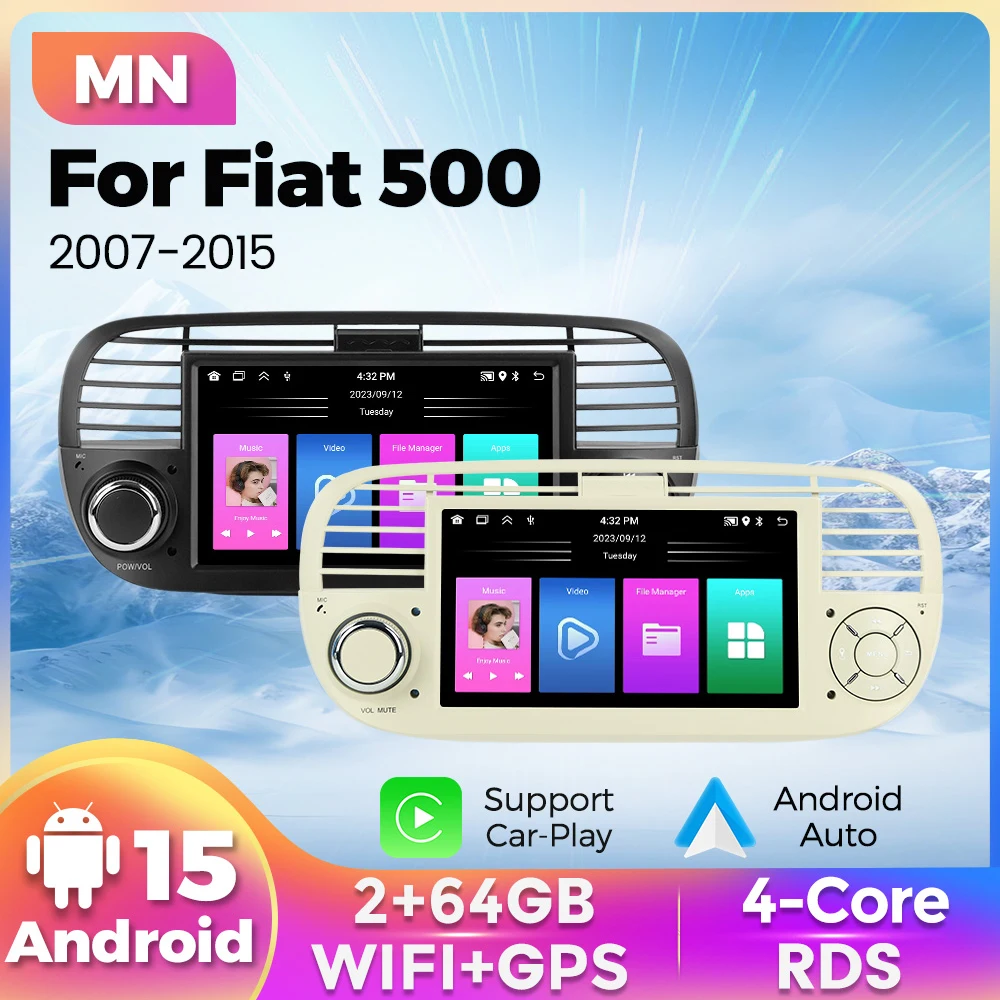 Android 15 1 Din 7 Inch Car Play Android Auto For Fiat 500 2007-2015 Car Radio Multimedia Stereo Player GPS Navigation RDS WIFI
