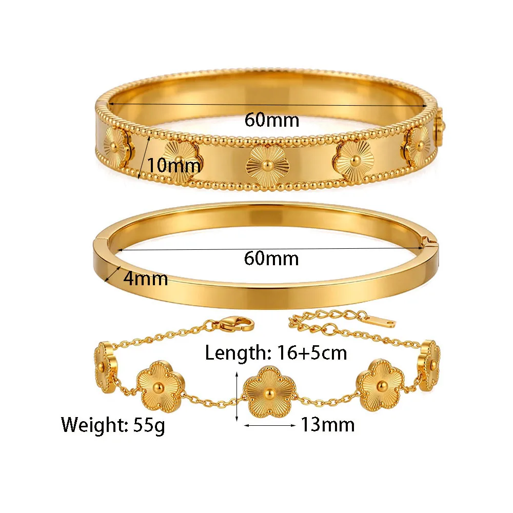 3-teiliges Wasserdichtes Blumenmuster Armreif-Set für Frauen Edelstahl 5-Blatt-Klee Armband Stapelbare Schmuck-Geschenkidee – Detail 1