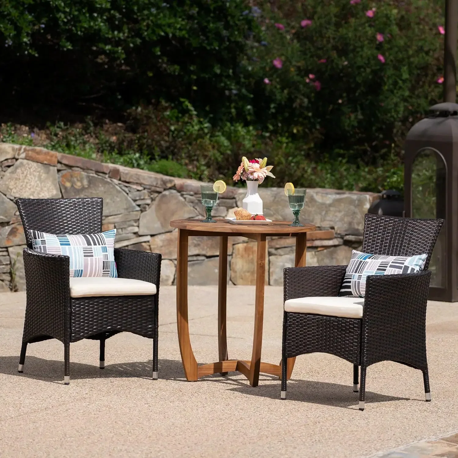 

Ellie Outdoor 3 Piece Acacia Wood/Wicker Bistro Set with Cushions, 23.25 "W x 24 "D x 33 "H, Multibrown + Beige + Teak