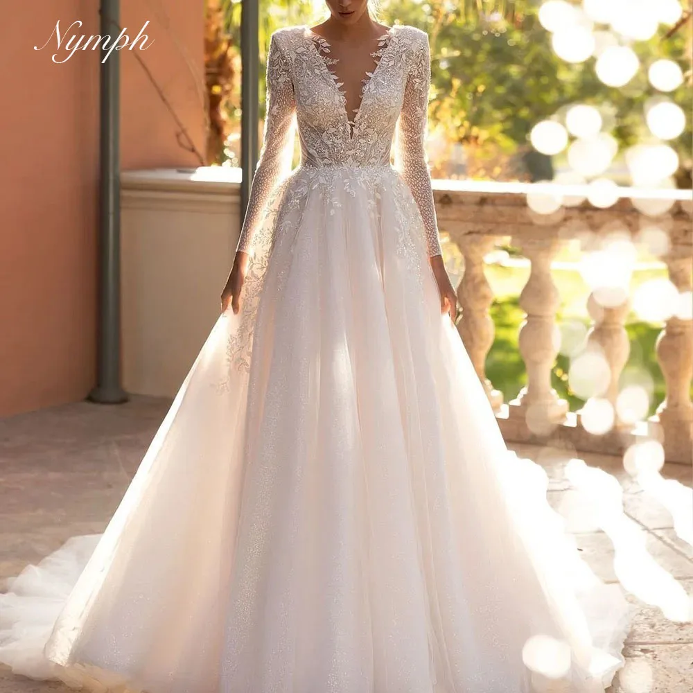 

Элегантные свадебные платья с аппликацией по индивидуальному заказу, роскошные свадебные платья трапециевидной формы с v-образным вырезом и длинными рукавами, с открытой спиной, платья принцессы Vestidos De Novia