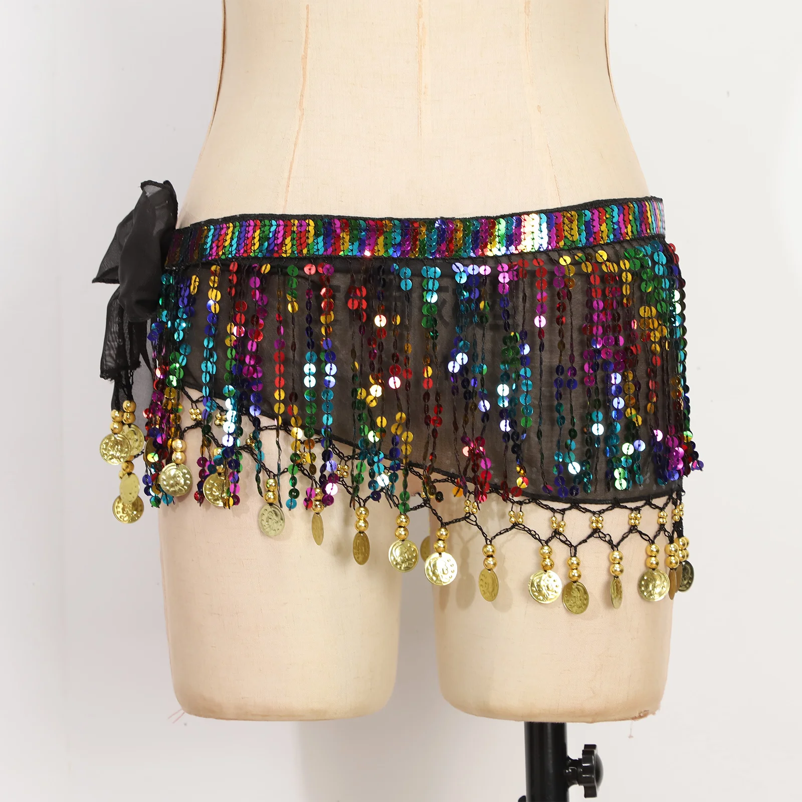 Women Belly Dance Hip Scarf Sequin Tassel Plastic Beads Metal Sequin Lace-Up Mesh Hip Skirt Stage Costume Practice Dancewear