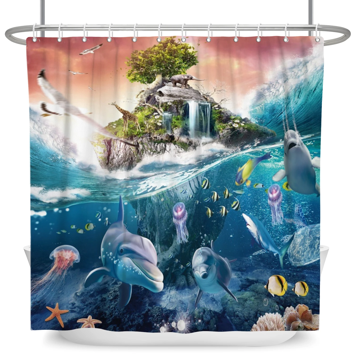 Underwater World Bathroom Shower Curtain Sea Turtle Dolphin Ocean Creature Landscape  s  Waterproof