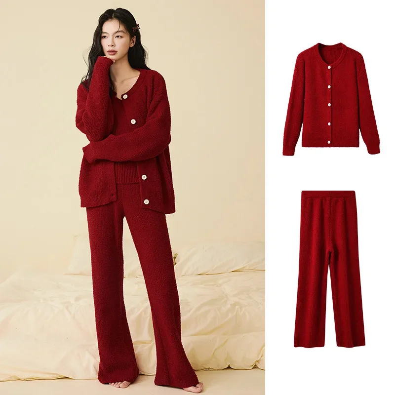 2/3PC Set Cute Women's New Soft Half Velvet Camisole Pajama Pants Set Autumn Winter Korean Elegant Wearable Outside Loungewear