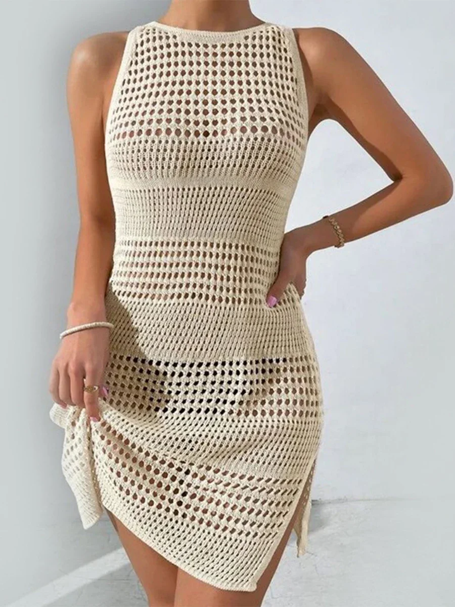 

Women Knitted Crochet Tunic Beach Cover Up Sexy See-Through Hollow-Out Crew Neck Sleeveless Bikini Dress Swimwear