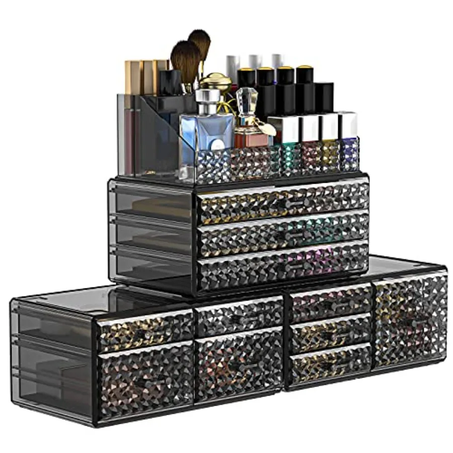 

4 Pack Stackable Makeup Organizer Upgraded Acrylic Cosmetics Storage Large Capacity with 11 Drawers for Brush Holder Perfume or