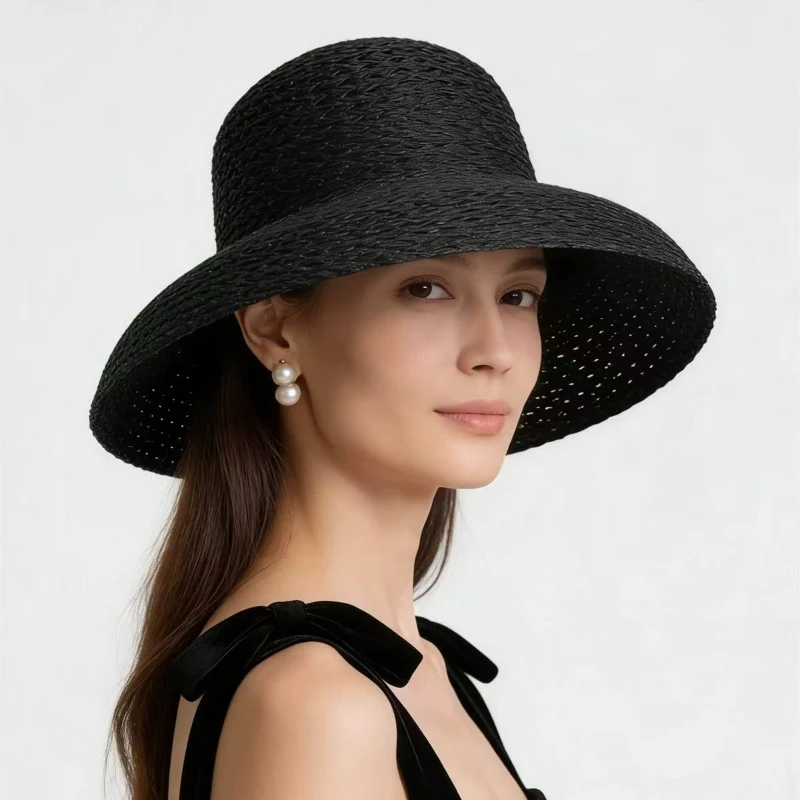 

Summer Hepburn Style Vintage Design Big Eaves Straw Hat Women Solid Color Beach Holiday Breathable Big Sun Gorra