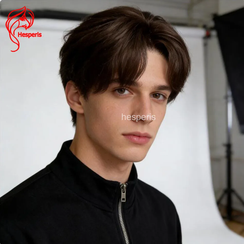 Hesperis Men's Brown Short Pixie Bob Human Hair Wig Full Lace Pre-Styled Transparent Toupee Short Cut Male Hairpiece