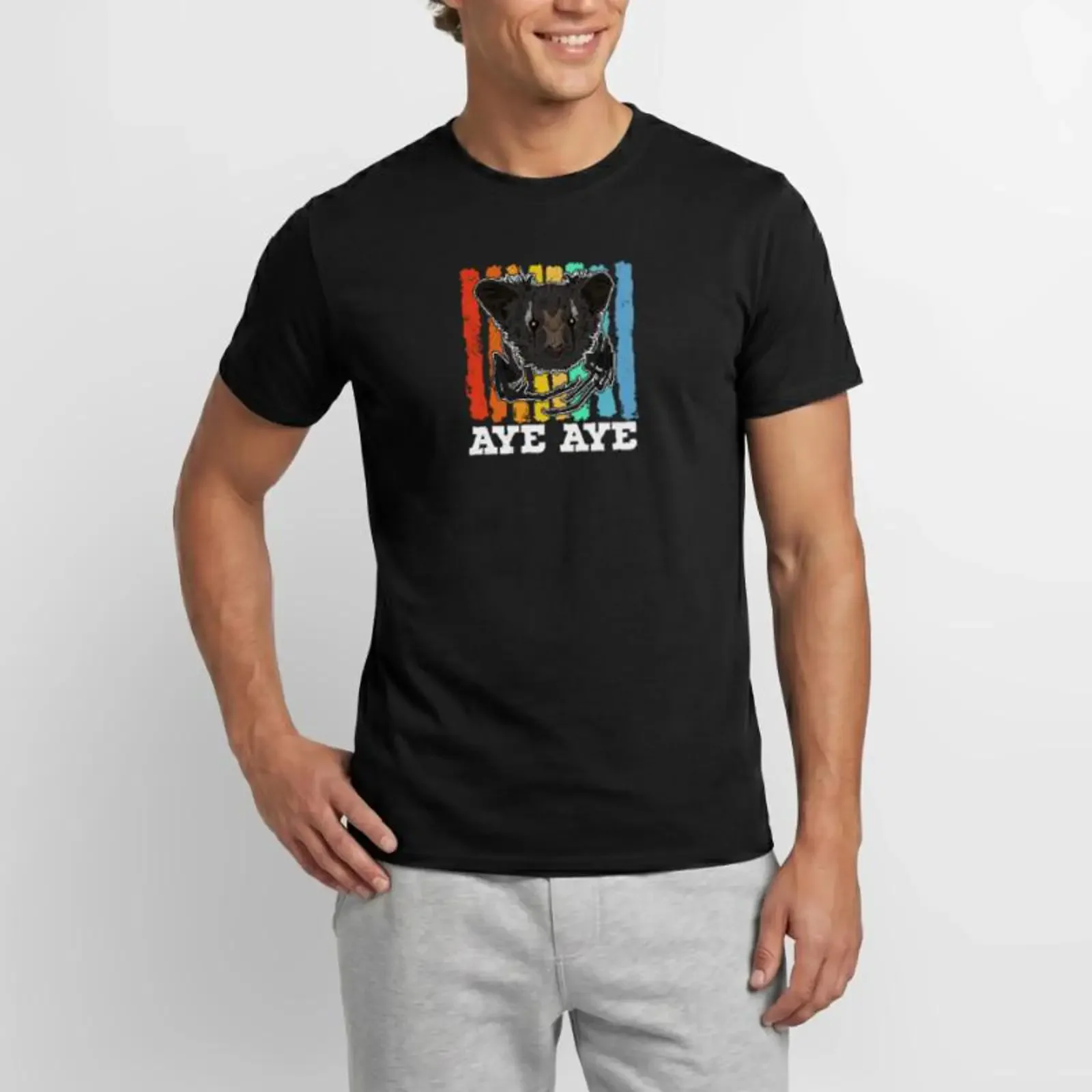 Cute Aye Primate Lemur Madagascar Men's T Shirt vintage Washed Stretched streetwear Stylish graphic Breathable