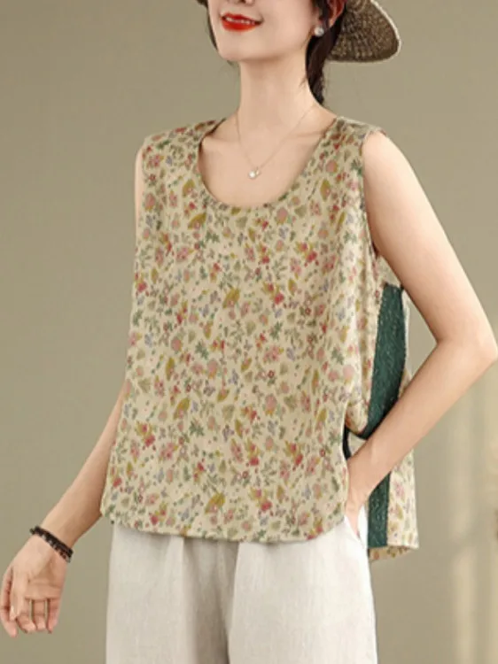 Lace Splice Side Slit Floral Print Small Vest Large Size Women's Svel round Ne Lightweight Breathable Linen Outdoor Top