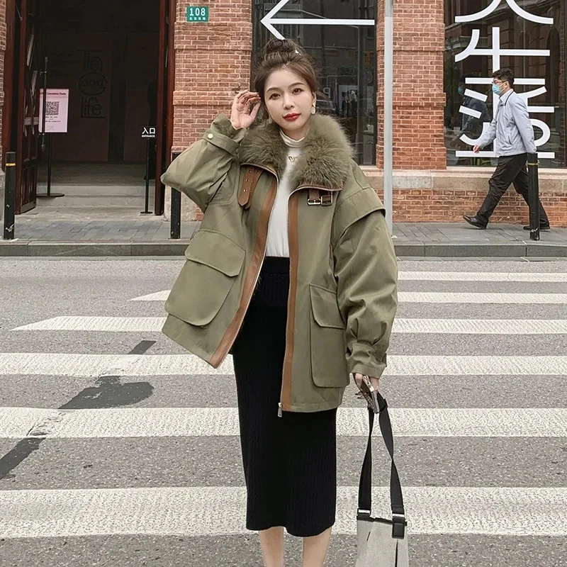 Winter Warm Coat 2024 New Women\'s Big fur collar Cotton Jacket Women Medium length Loose Coat Black Plush Thick Parka Overcoat