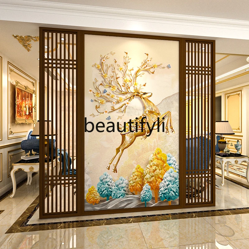 

American modern mobile solid wood screen block office partition living room wall bedroom custom seat screen golden deer leap