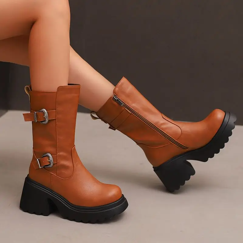 ORCHA LISA ريترو أحذية نسائية غير رسمية منتصف العجل جولة تو 8 سنتيمتر كتلة كعب 3.5 سنتيمتر منصة سستة الشرير الأسود حجم كبير 44-45