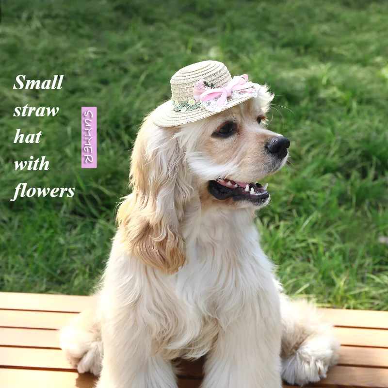 

Pet Straw Hat Woven Rattan Cute Flower Bow Princess Visor Hat Flower Fairy Cat and Dog Headdress