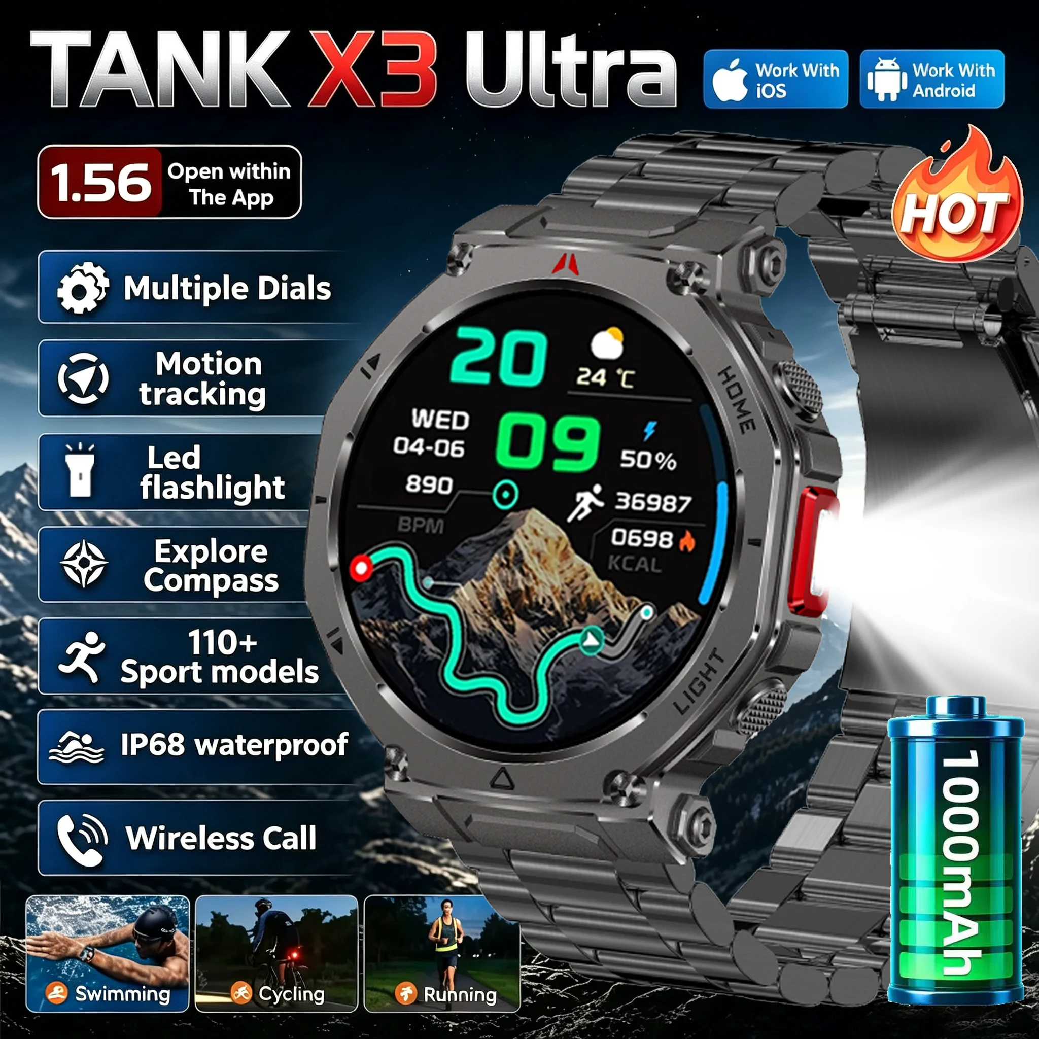 2026 New TREX3 Smart Watch 1000mAh Battery 1.56-inch Screen Compass LED Flashlight 110+ Sports Wireless Call Smart Watch
