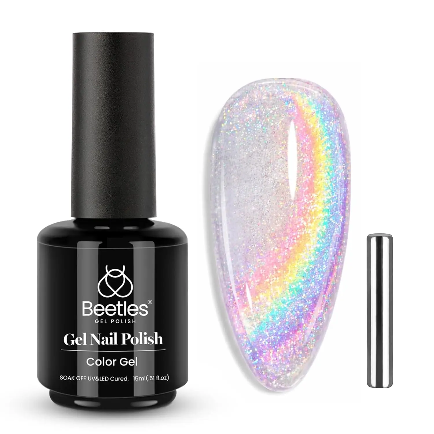 15ML Rainbow Cat Eye Gel Nail Polish with Magnet - Silver Glitter UV Soak Off for Salon DIY Manicure Gift