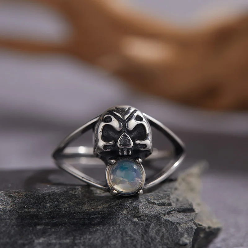 

Ретро DistressedS925 Чистое серебро, инкрустированное натуральным опалом, драгоценный камень, тайское серебряное кольцо в европейском и американском стиле, уникальный череп, новый дизайн