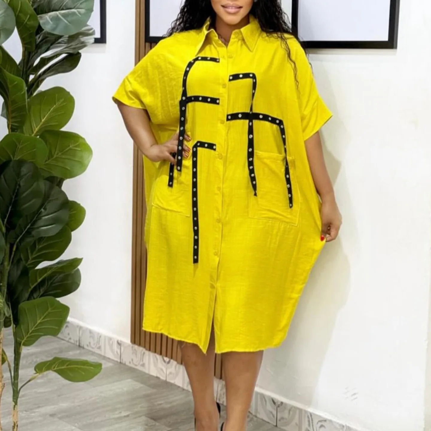 Loose Shirt Dress Fashion Lapel Single Breasted Half Sleeved Big Pocket Spliced ​​midi Dresses Women Elegant Commuter Shirt