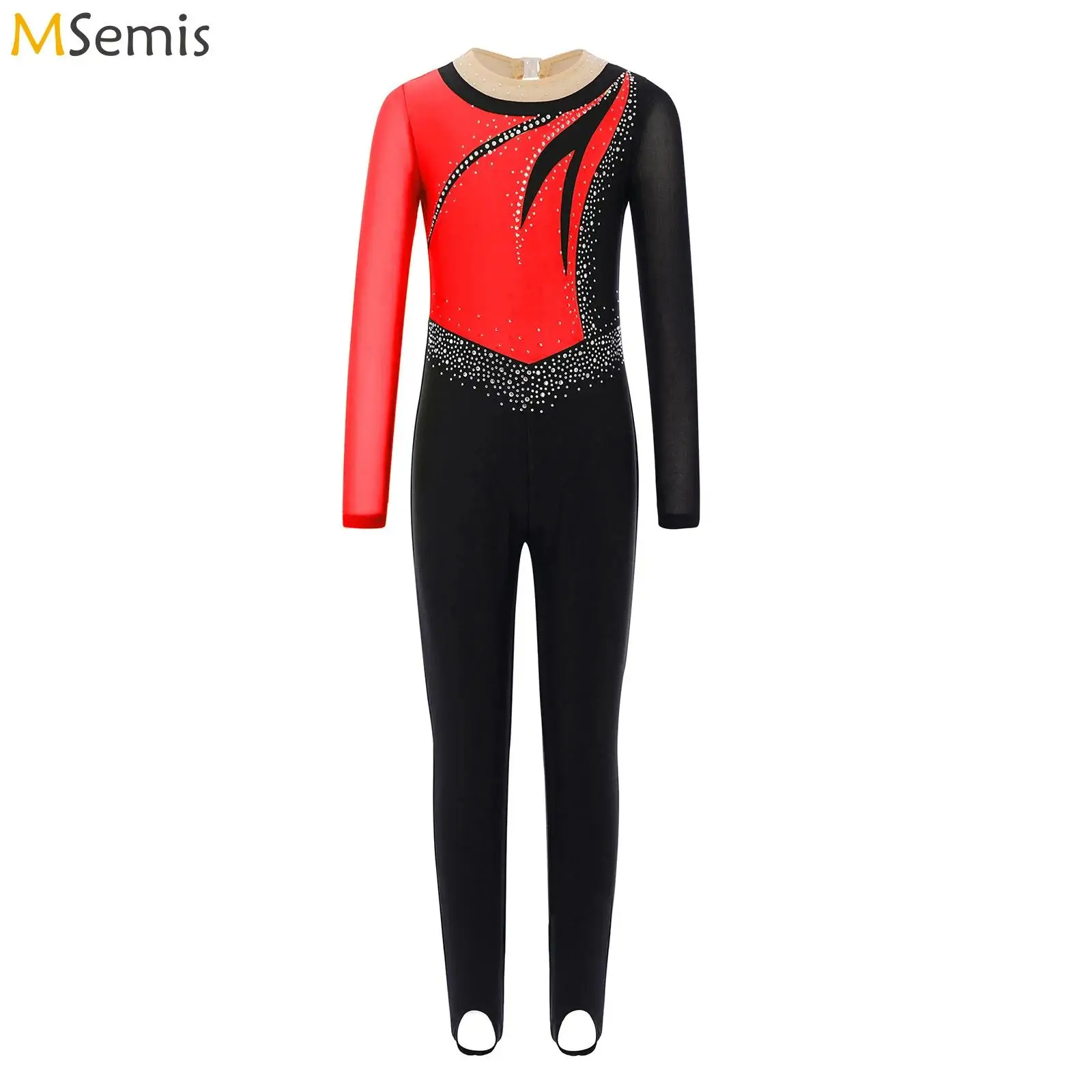 

Детский гимнастический трико для девочек, костюм для фигурного катания, балета и танцев, сетчатый комбинезон с длинными рукавами и блестящими стразами