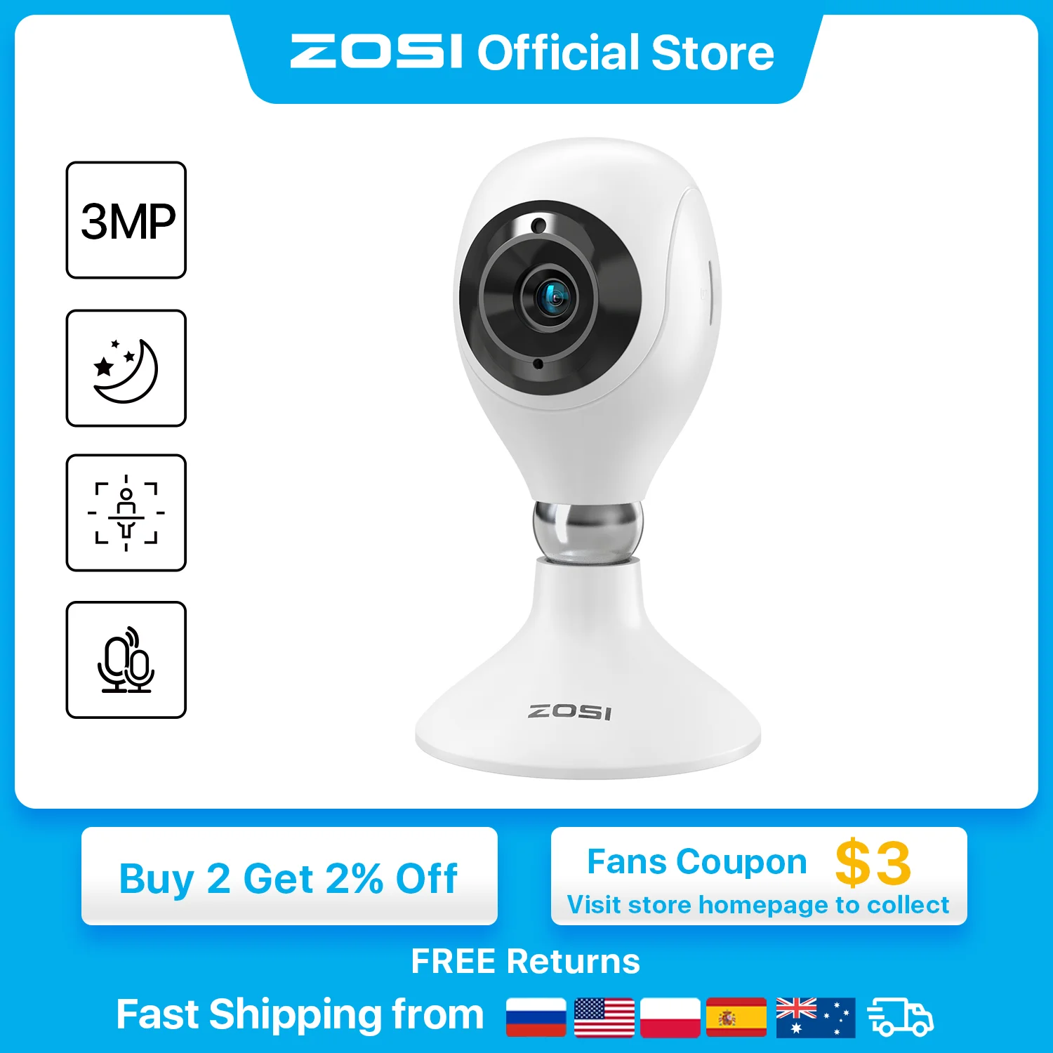 ZOSI 2K Indoor WiFi Home Security Camera with 2-Way Audio Cloud & SD Card Storage 3MP HD Smart Baby Monitor Pet Dog Camera