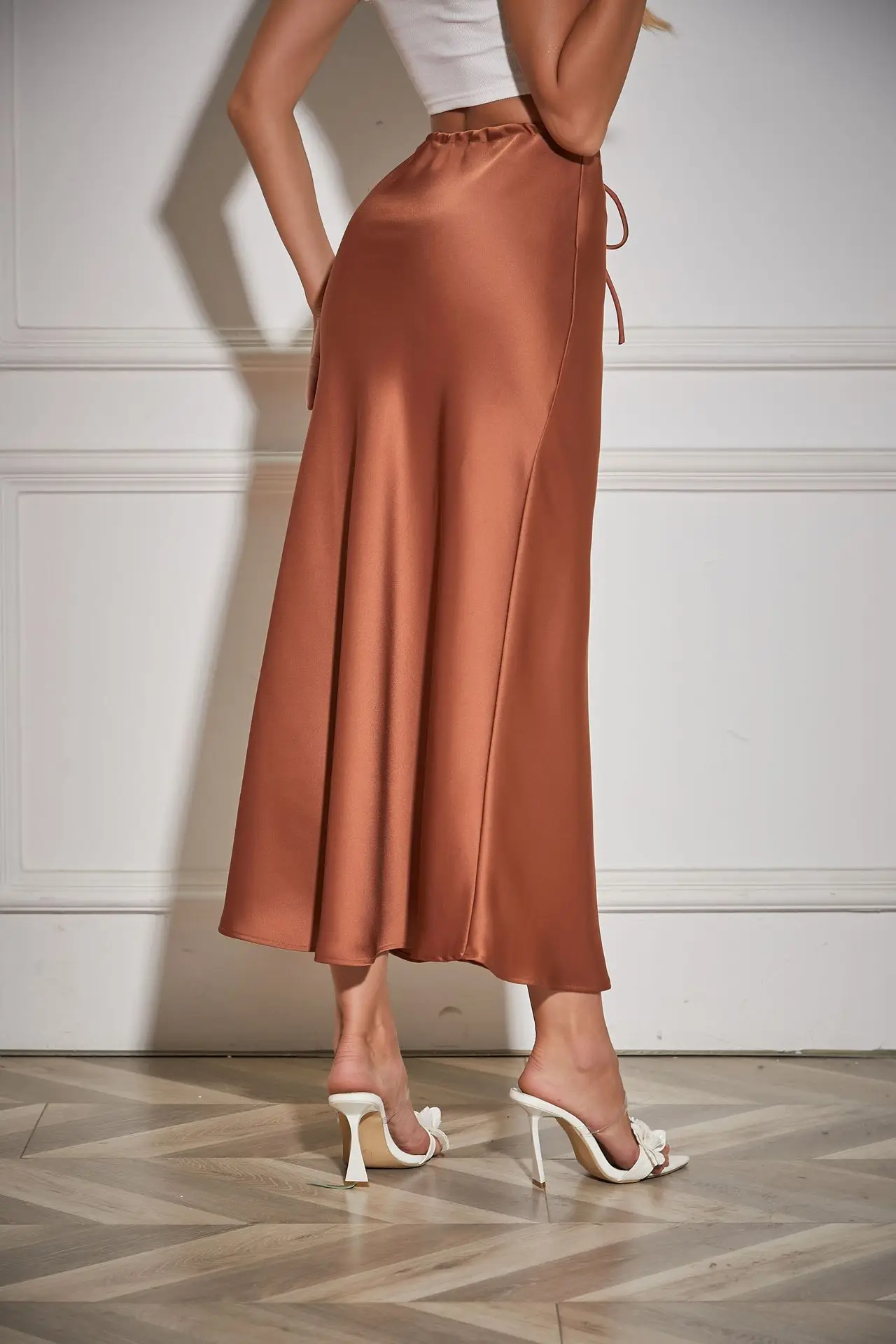 New In 2026 Women's Spring Summer Solid Color Satin Long Skirt High Waist Lace-up Trendy Elegant Faldas Female Beach Maxi Skirts