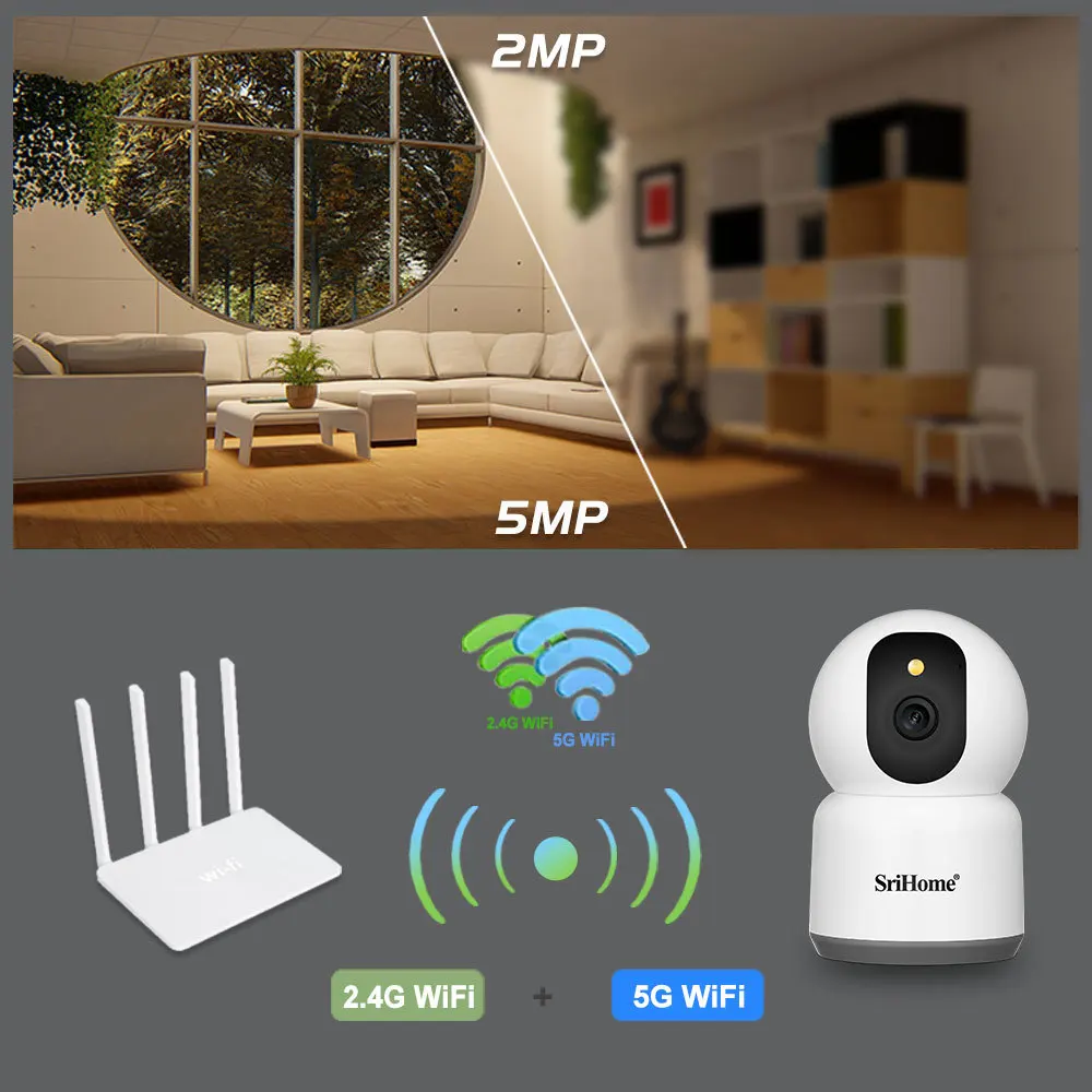 SriHome 5MP 5G WIFI IP Camera Smart Home Indoor Wireless Surveillance Audio Cam Automatic Tracking Security Baby Monitor