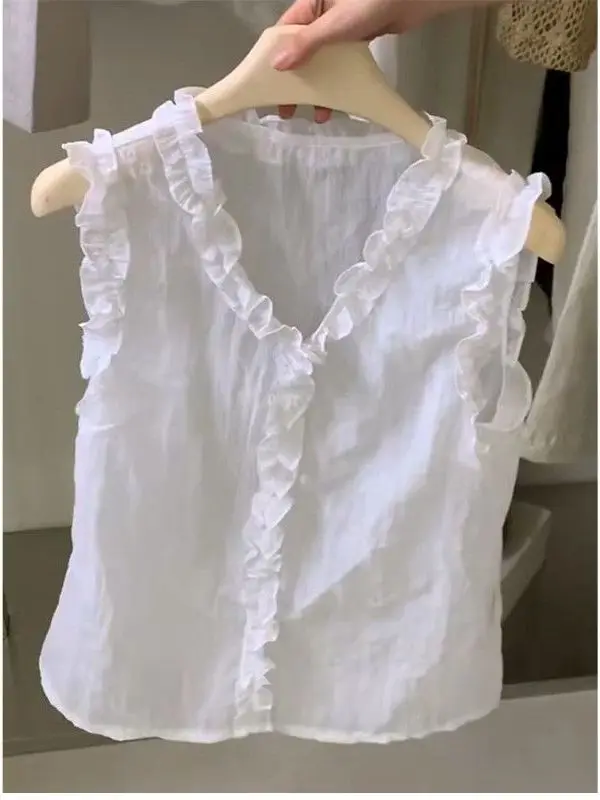 

Корейский Sle Wood ain Ruffle Svel жилет женский летний дизайн большого размера уникальная кукла irt Топ верхняя одежда