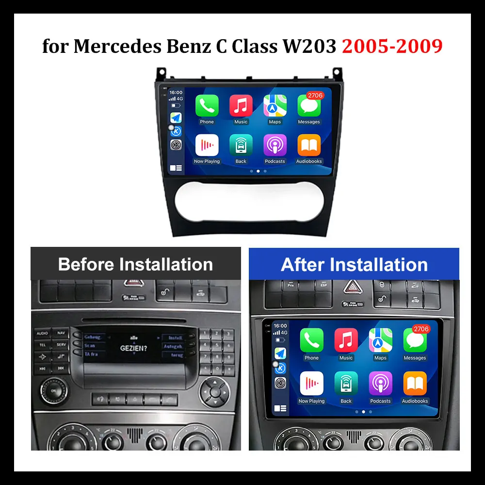 Android OS 9 Zoll DSP Stereo BT für Mercedes Benz C-Klasse W203 2005–2009 Autoradio Multimedia Player GPS-Navigation HD-Bildschirm