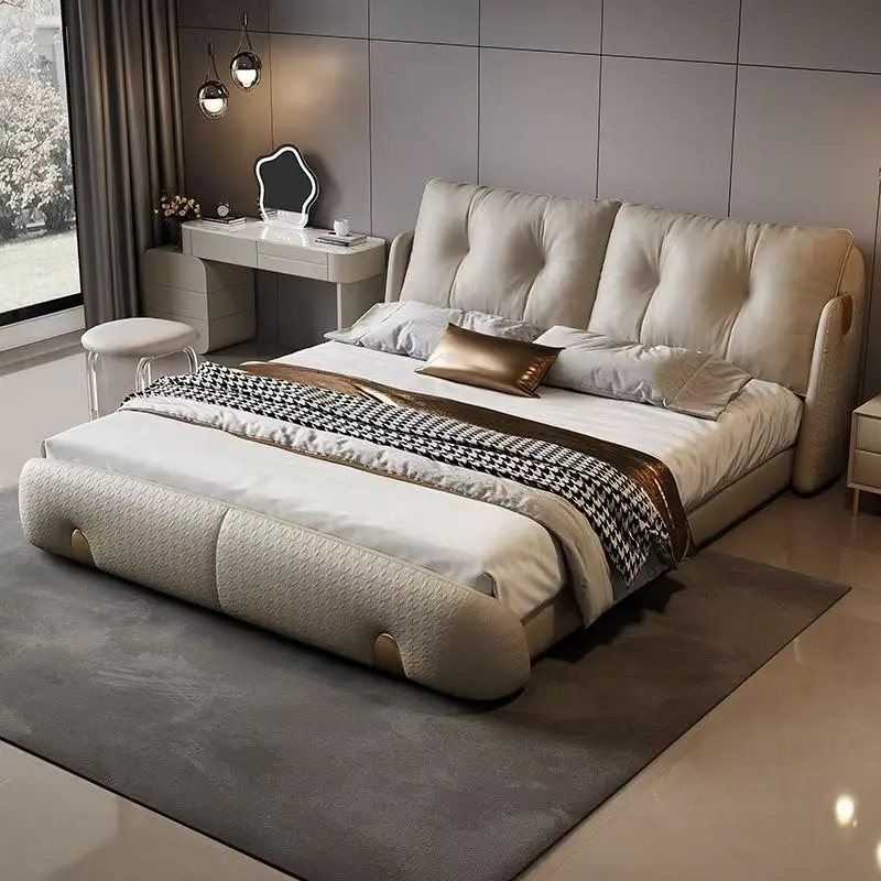 ￥%Popular Modern Luxury Leather Bed  Set High-End King Size With Round Soft Wooden Headboard Elegant Headboard Bedroom Set - view 6