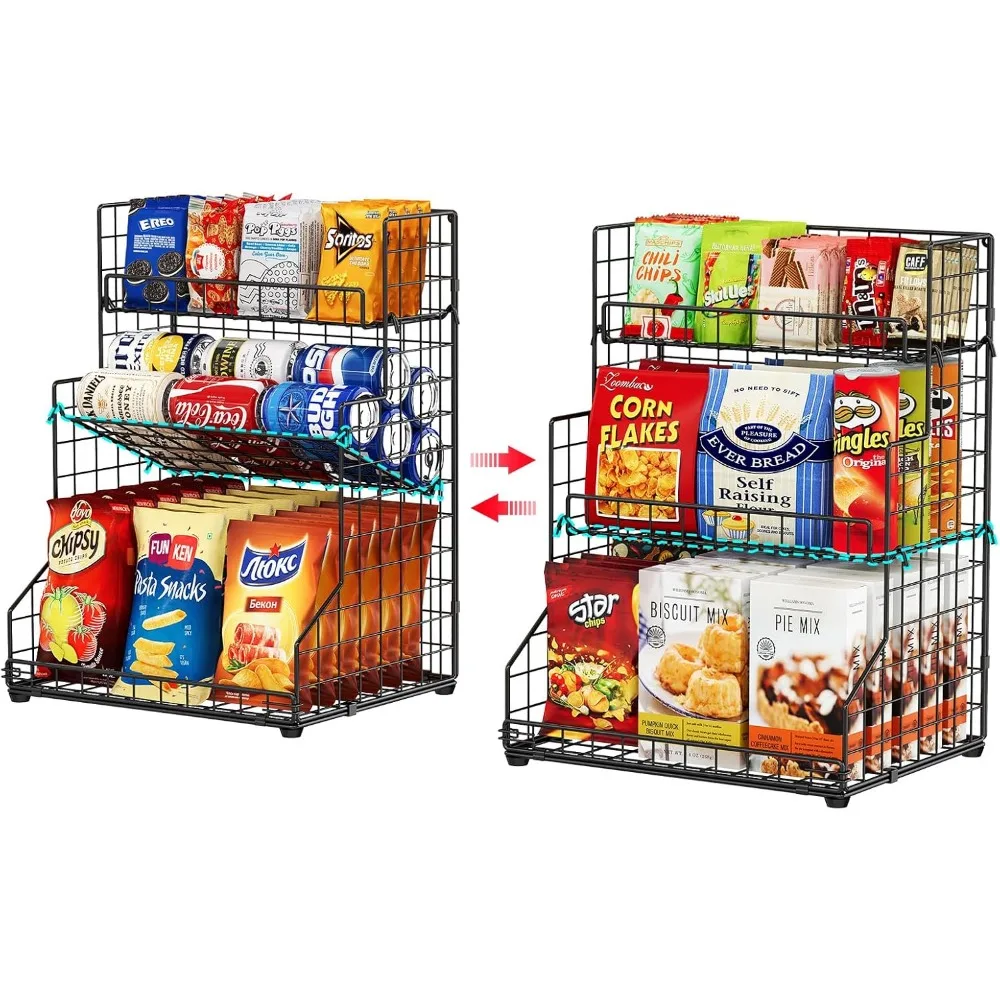 

X-cosrack 3-Tier Snack Organizer Rack Bins with Adjustable Tilting Design for Pantry Storage,Metal Wire Snack Holder for Kitchen