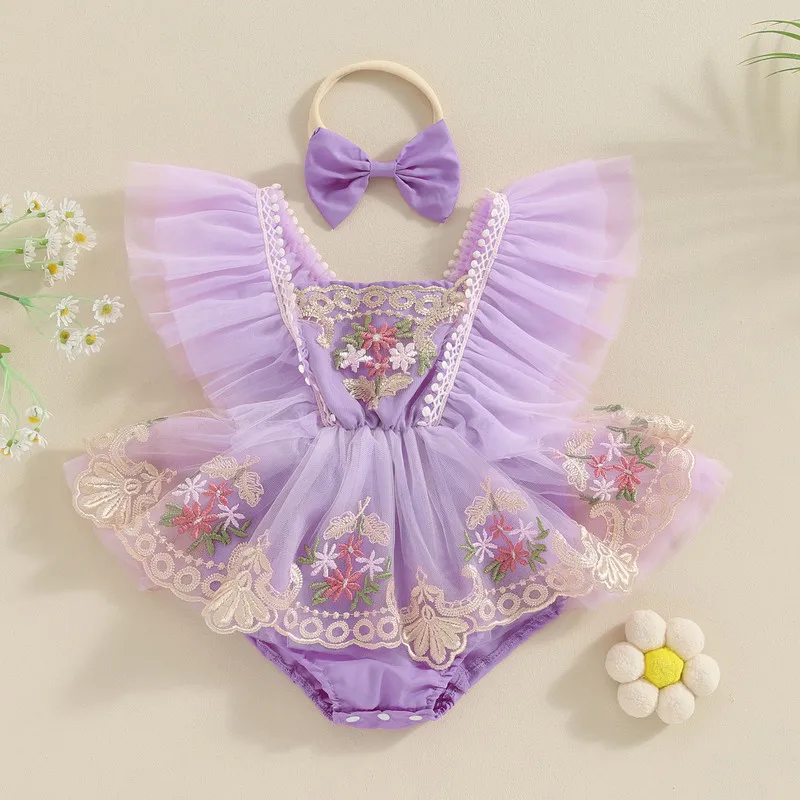 Newborn Baby Girl Bodysuit Summer Clothes Fly Sleeve Embroidery Flower Tulle Patchwork Dress Jumpsuit with Bow Hairband