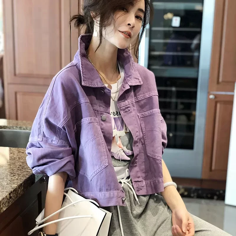 

Purple Denim Coat Female Short Korean Version 2024 Spring Autumn Clothes Everything Loose Small Jacket Fat Sister Student Top