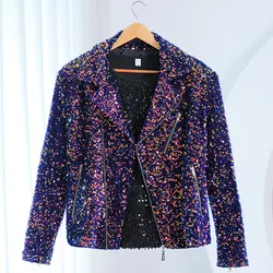 Male Singer Stage Sequins Jacket Glitter Gold Purple Zipper Motorcycle Casual Coat Star Rock Punk Performance Dance Costume