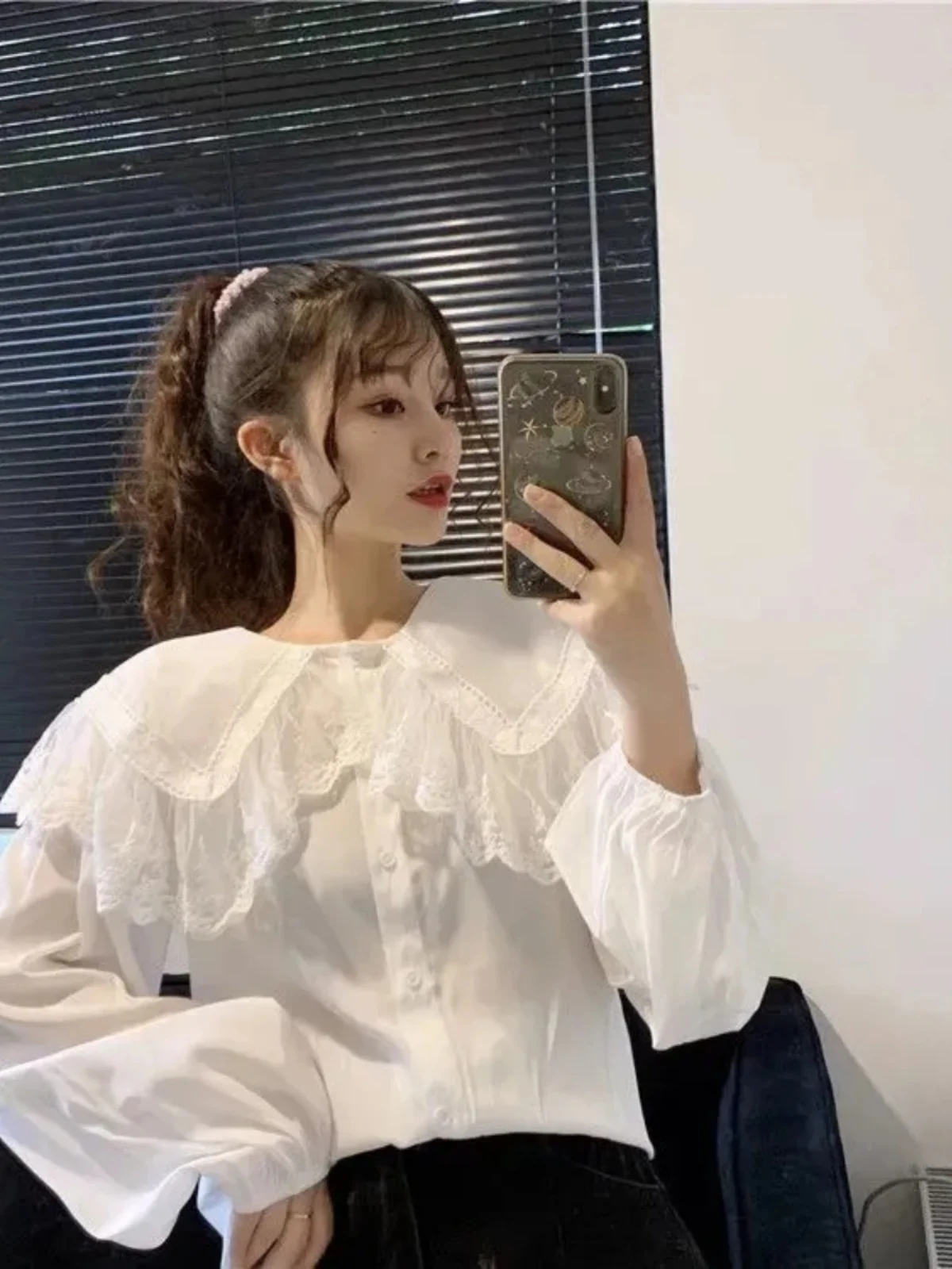 Colletto per bambola ampio e lungo con bordi in pizzo Sve irt Primavera Autunno Coreano Sle da donna Faionable Top Studente Trendy Poliestere