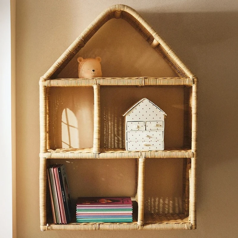 

Cabin-shaped wall-mounted rattan shelves, multi-functional items