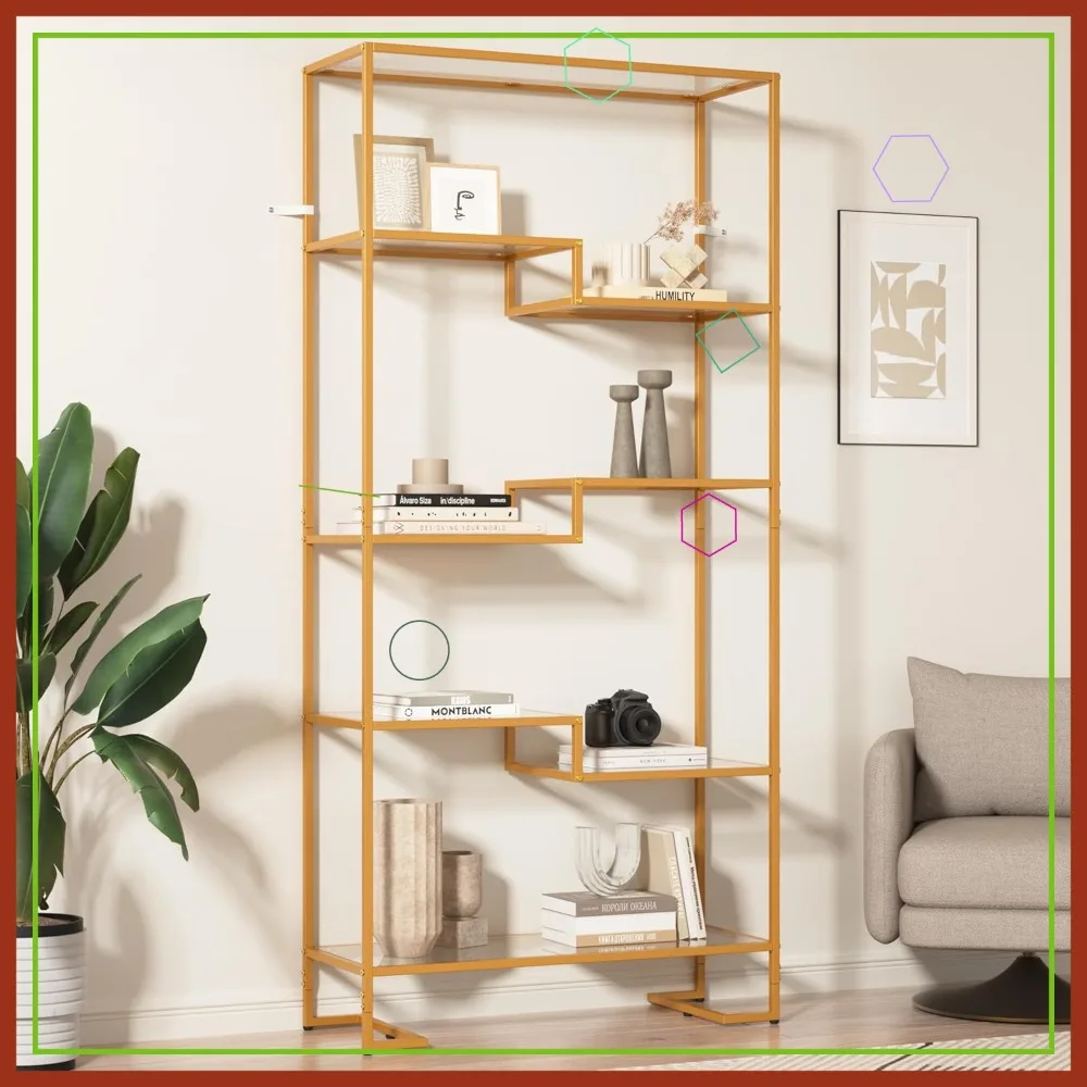 

5-Tier Tempered Glass Bookshelf, Modern Open Shelf for Living Room, Home Office, Bedroom Storage