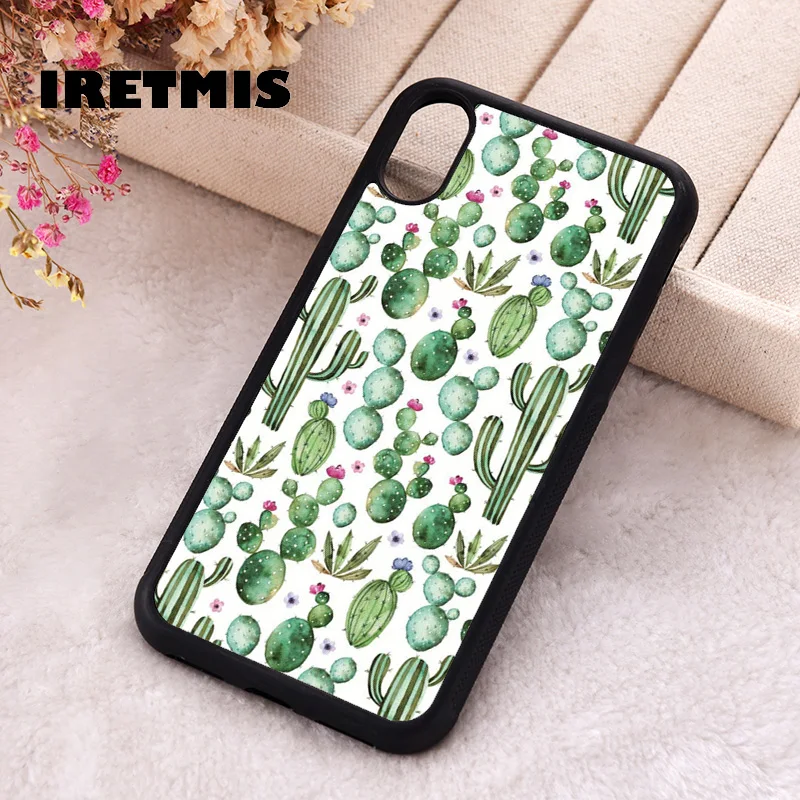 Iretmis Phone Cover Case For iPhone X XS Max XR 11 12 13 PRO MINI 14 15 16 Plus Rubber Silicone watercolor cactus plants pattern