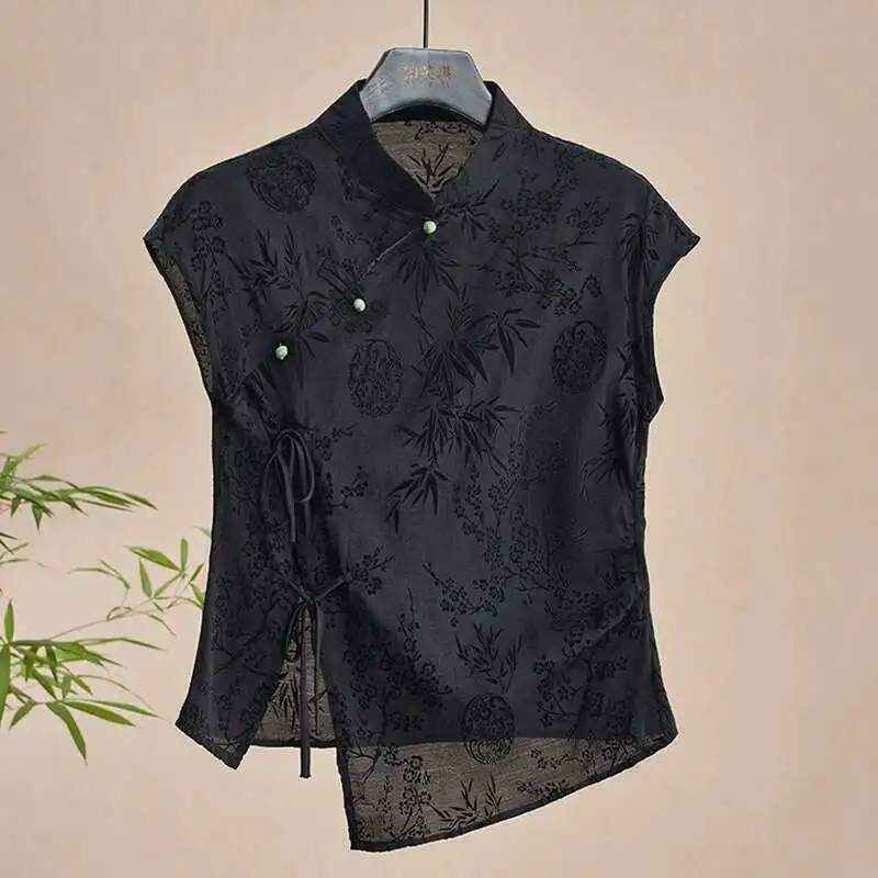 Women  Vintage Thin Shirt New Chinese Style Cheongsam Top Black Jacquard Sleeveless T-shirt Summer Mature Fashion Bow Shirt