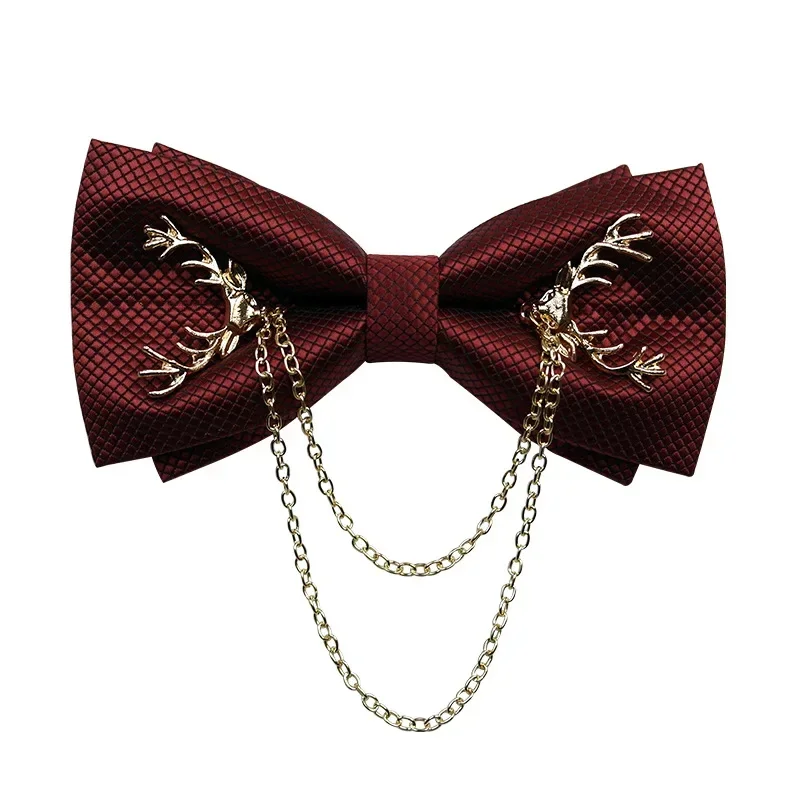 New Solid Color Plaid Deer Head Chain Bow Tie Men's Wedding Banquet Accessories Double-layer Korean Suit Groom British Bowtie