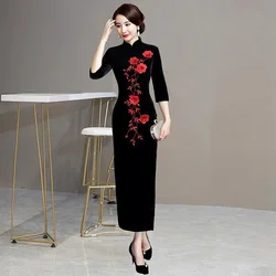 Middle Aged Mother High-grade Long Dresses Female Golden Velvet Cheongsam Dress Spring Autumn Lady Embroidery Split Maxi Dress