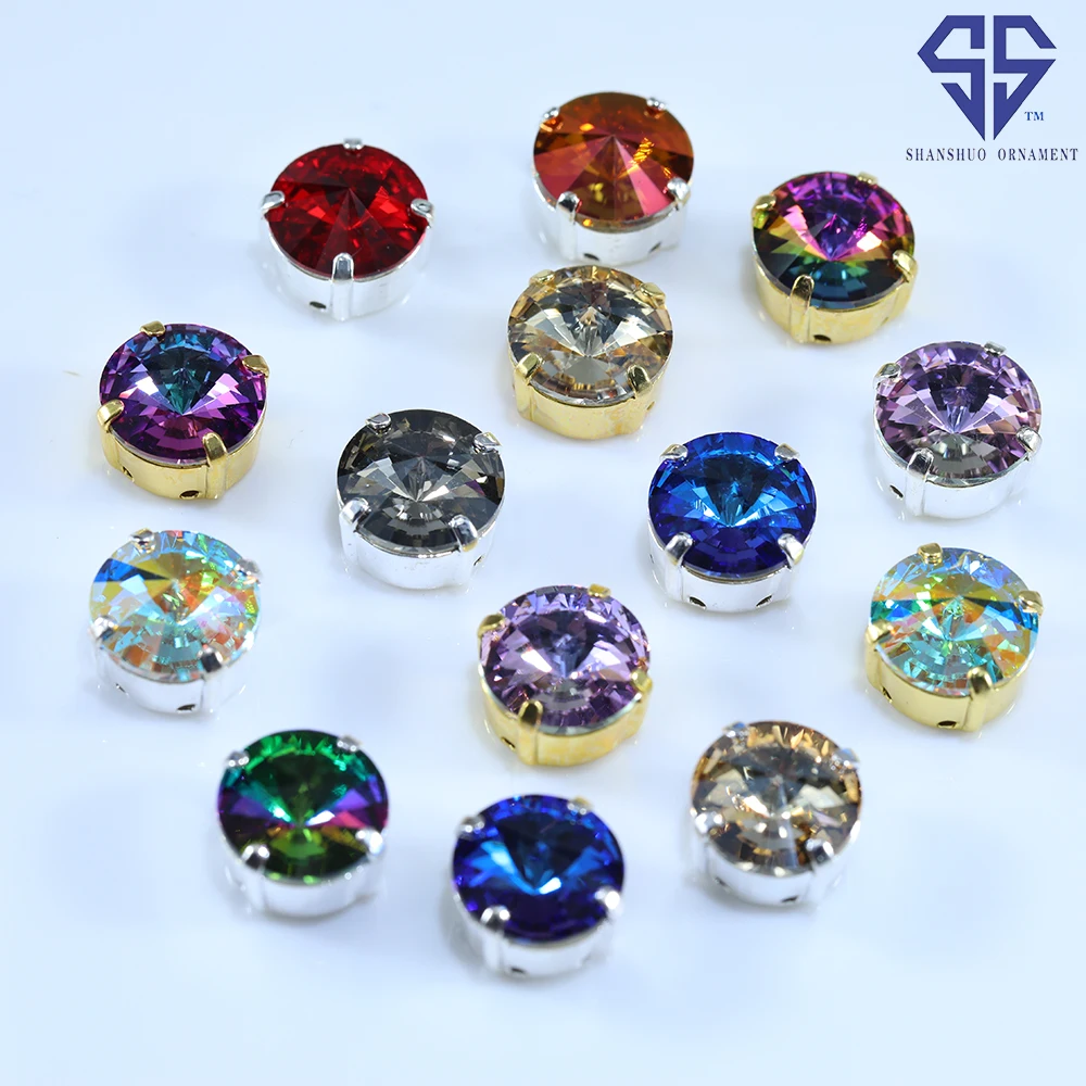 SS Round Rivoli Glass Crystal Rhinestones Sparkly Gold Silver Claw Sew On Charms Premium DIY Supplies For Dresses Bags Shoes