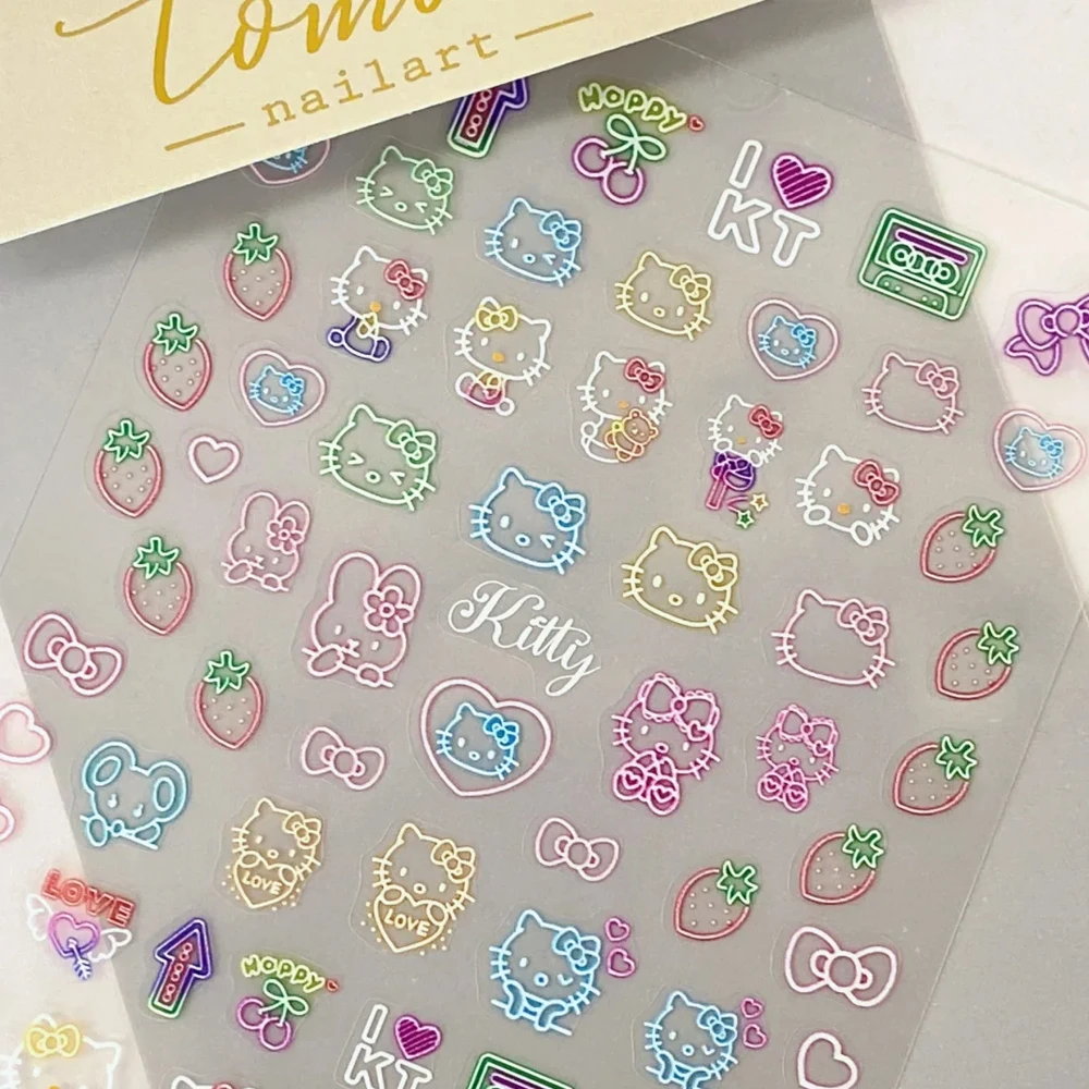 1 hoja de pegatinas fluorescentes 5D para uñas Hellokitty, corazón de dibujos animados japoneses en relieve, Hello Kitty para bolígrafo/soporte, pegatina decorativa para taza